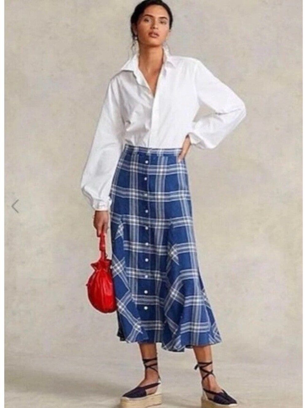 Ralph Lauren Polo Blue Plaid Godet Maxi Skirt Size 4 Small - Picture 1 of 10